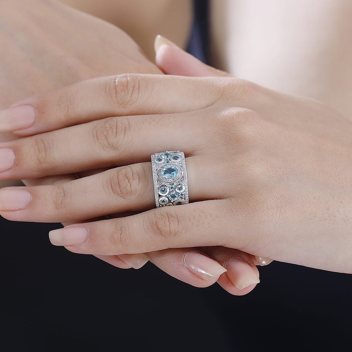 D'Joy Madagascar Lagoon Apatite and Multi Gemstone 2.25 ctw Bubble Ring in Rhodium Over Sterling Silver (Size 7.0) image number 2