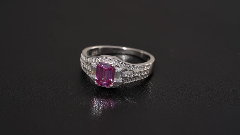 Lotus Pink Moissanite (Oct 7x5mm), Moissanite Art Deco Ring in Rhodium Over Sterling Silver (Size 10.0) 1.50 ctw