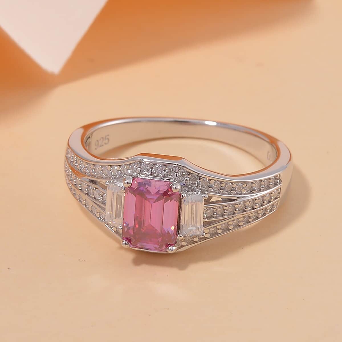 Lotus Pink and White Moissanite 1.50 ctw Art Deco Ring in Rhodium Over Sterling Silver (Size 6.0) image number 1