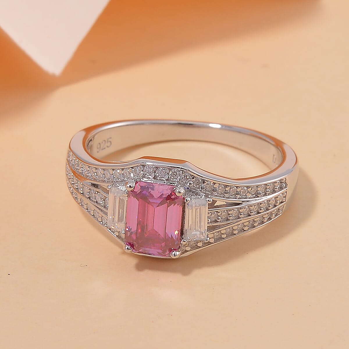 Lotus Pink and White Moissanite 1.50 ctw Art Deco Ring in Rhodium Over Sterling Silver (Size 7.0) image number 1