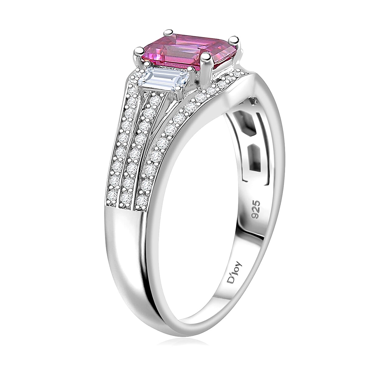 Lotus Pink and White Moissanite 1.50 ctw Art Deco Ring in Rhodium Over Sterling Silver (Size 7.0) image number 3