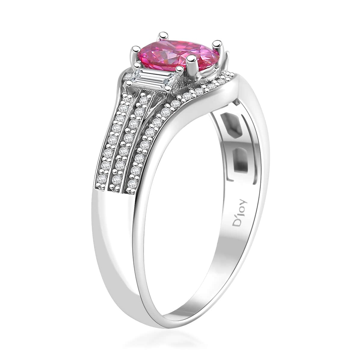 Lotus Pink and White Moissanite 1.40 ctw Art Deco Ring in Rhodium Over Sterling Silver (Size 10.0) image number 3