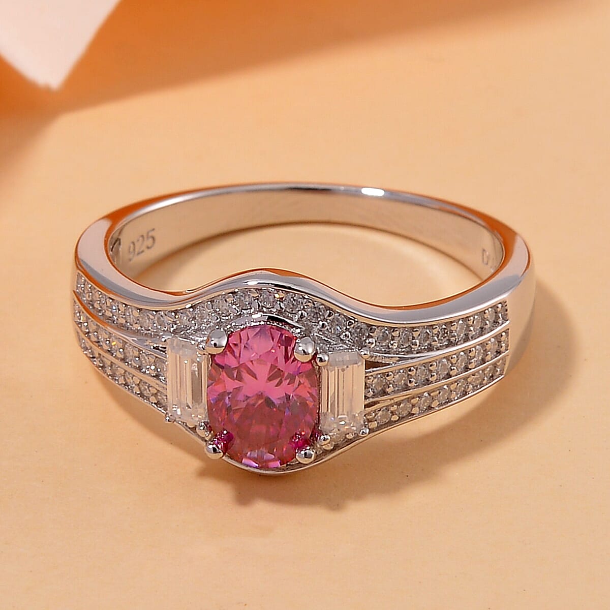 Lotus Pink and White Moissanite 1.40 ctw Art Deco Ring in Rhodium Over Sterling Silver (Size 9.0) image number 1