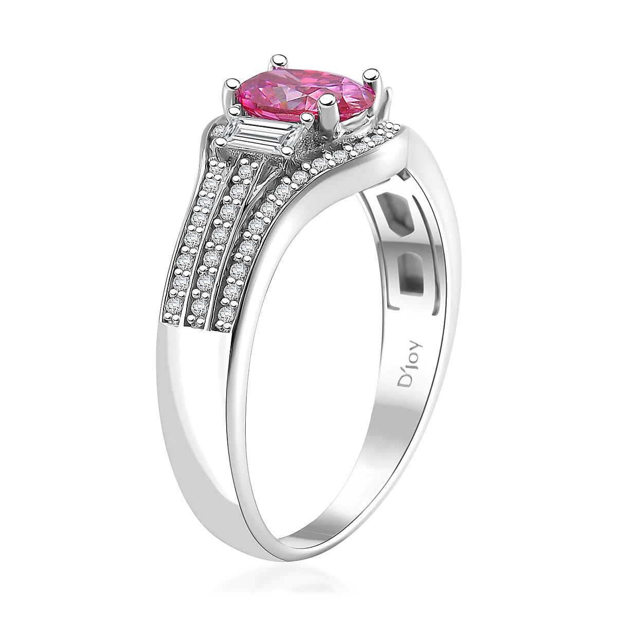 Lotus Pink and White Moissanite 1.40 ctw Art Deco Ring in Rhodium Over Sterling Silver (Size 9.0) image number 3