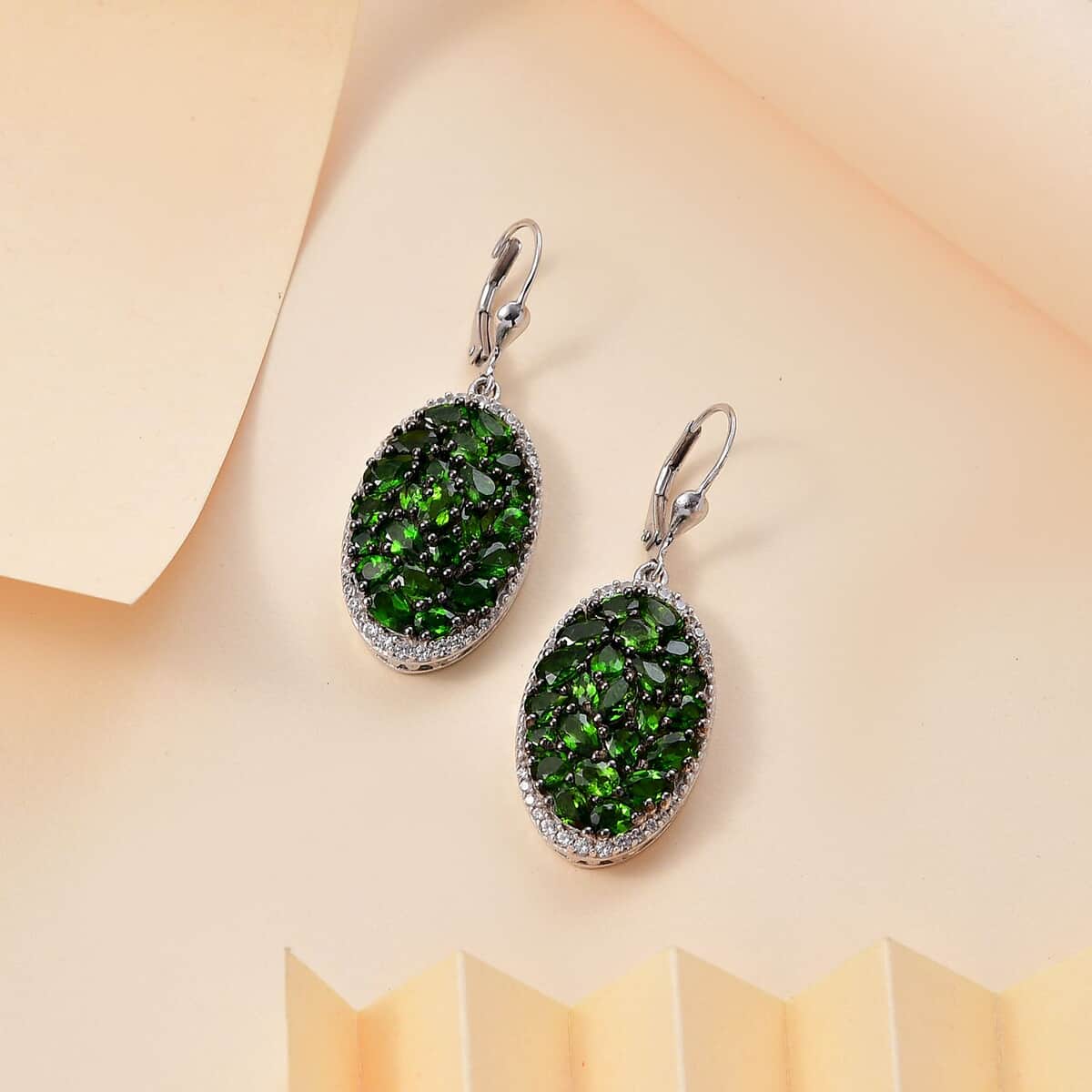 Chrome Diopside and White Zircon 9.30 ctw Eternal Bloom Earrings in rhodium Sterling Silver image number 1