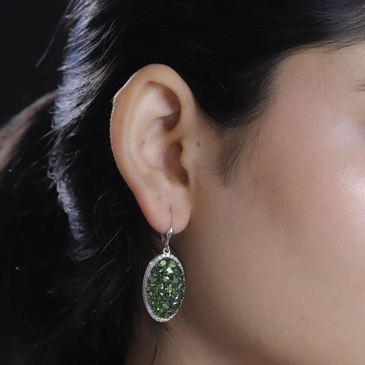 Chrome Diopside and White Zircon 9.30 ctw Eternal Bloom Earrings in rhodium Sterling Silver image number 2