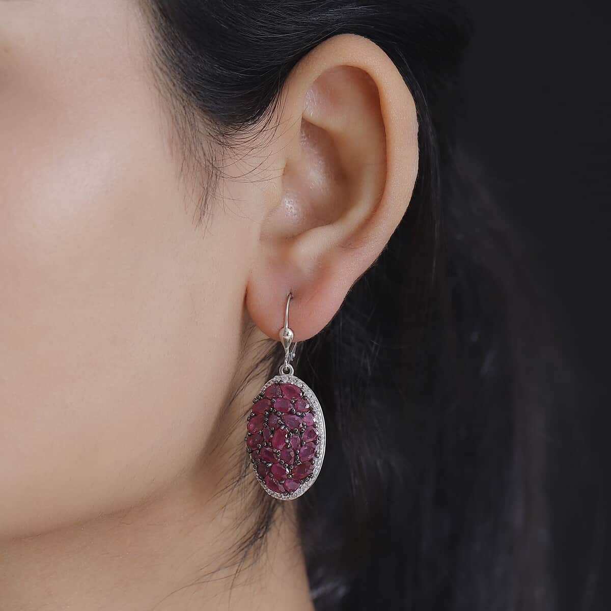 Niassa Ruby (FF) and White Zircon 12.85 ctw Eternal Bloom Earrings in Rhodium Over Sterling Silver image number 2