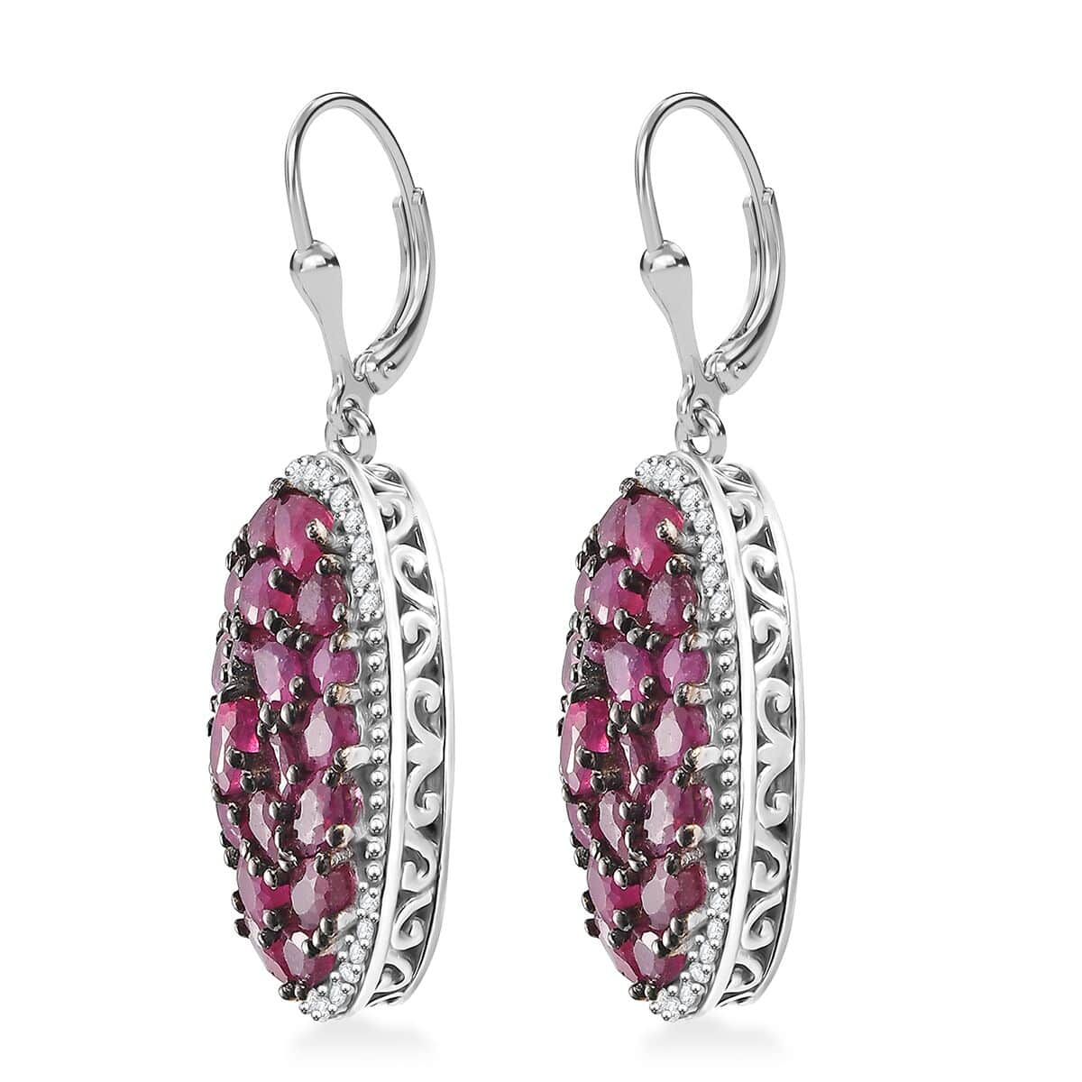 Niassa Ruby (FF) and White Zircon 12.85 ctw Eternal Bloom Earrings in Rhodium Over Sterling Silver image number 3