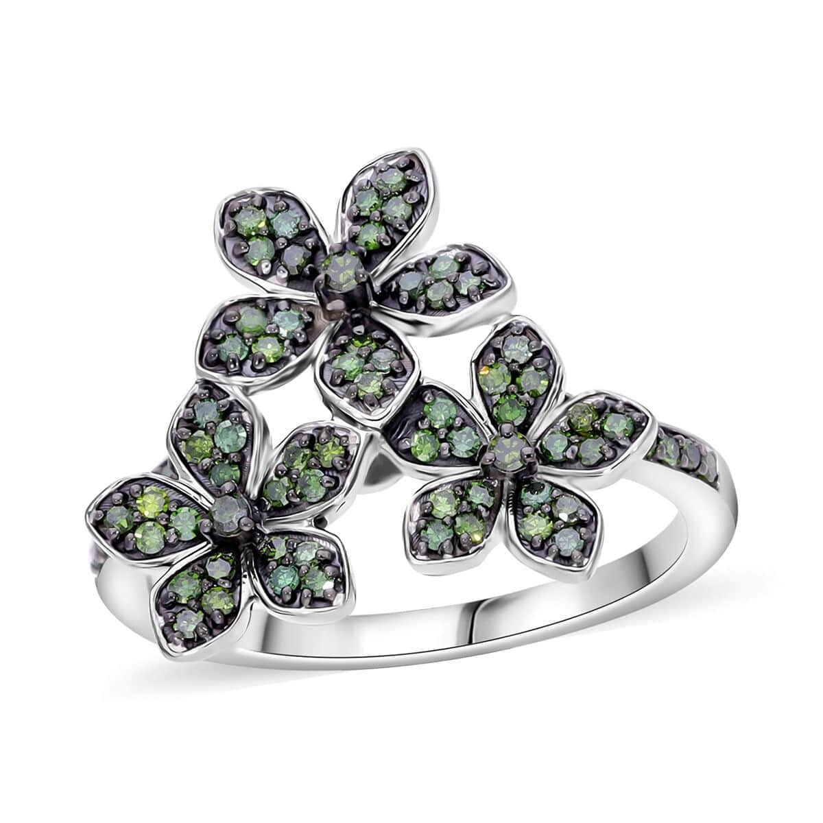 Green Diamond 0.33 ctw Floral Ring in Platinum Over Sterling Silver (Size 6.0) image number 0