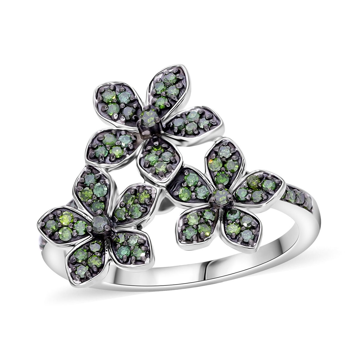 Green Diamond 0.33 ctw Floral Ring in Platinum Over Sterling Silver (Size 6.0)