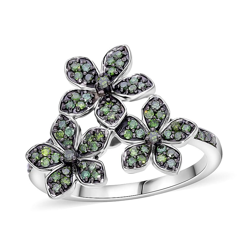 Green Diamond 0.33 ctw Floral Ring in Platinum Over Sterling Silver (Size 6.0)