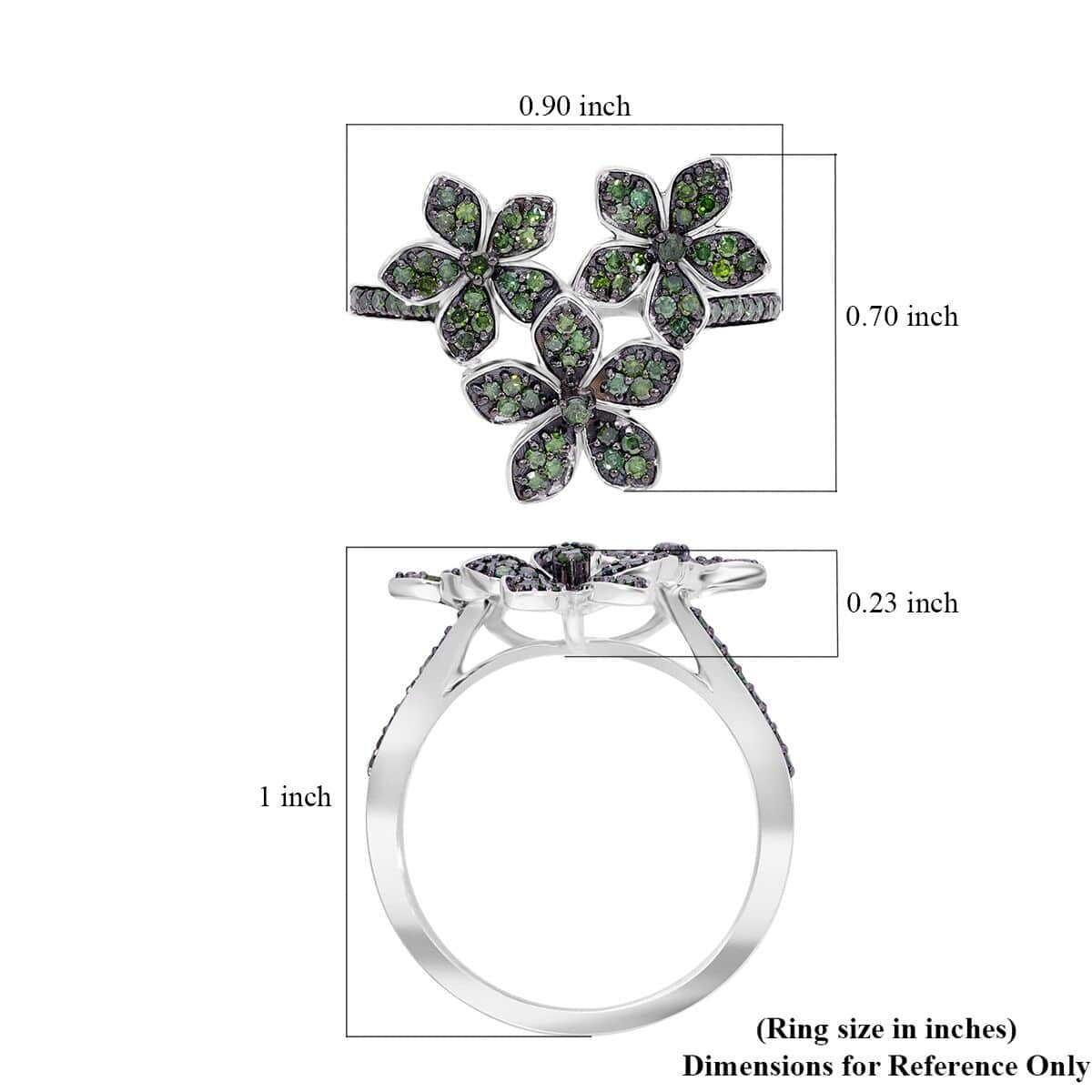 Green Diamond 0.33 ctw Floral Ring in Platinum Over Sterling Silver (Size 6.0) image number 5