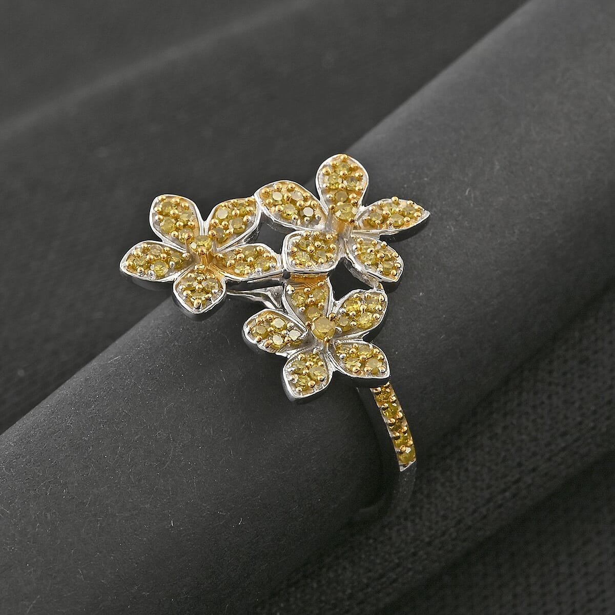 Yellow Diamond 0.33 ctw Floral Ring in Platinum Over Sterling Silver (Size 9.0) image number 1