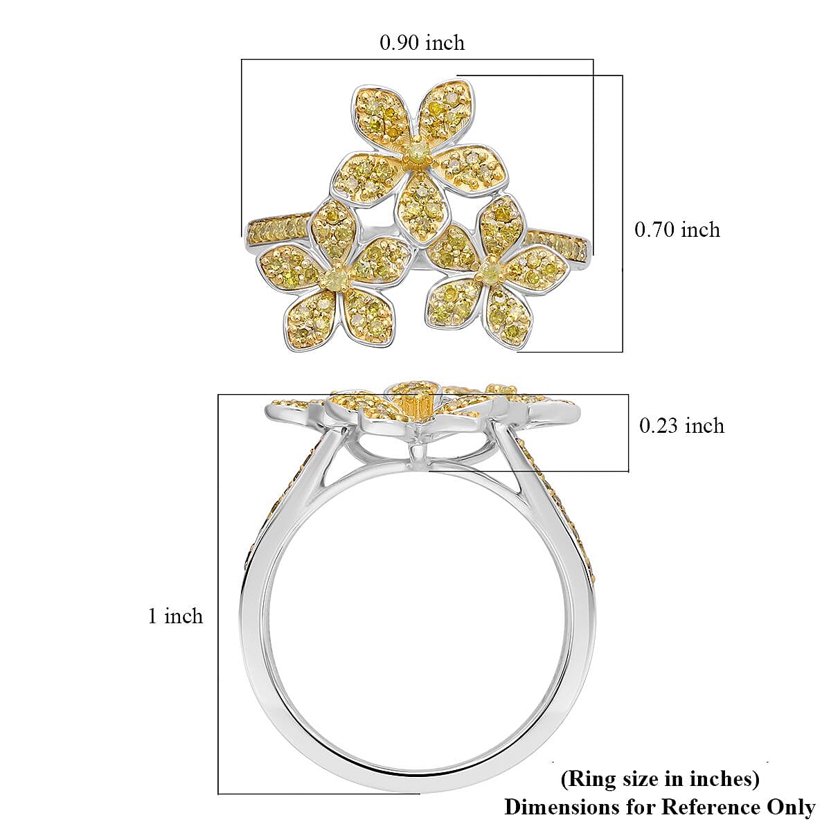 Yellow Diamond 0.33 ctw Floral Ring in Platinum Over Sterling Silver (Size 9.0) image number 5