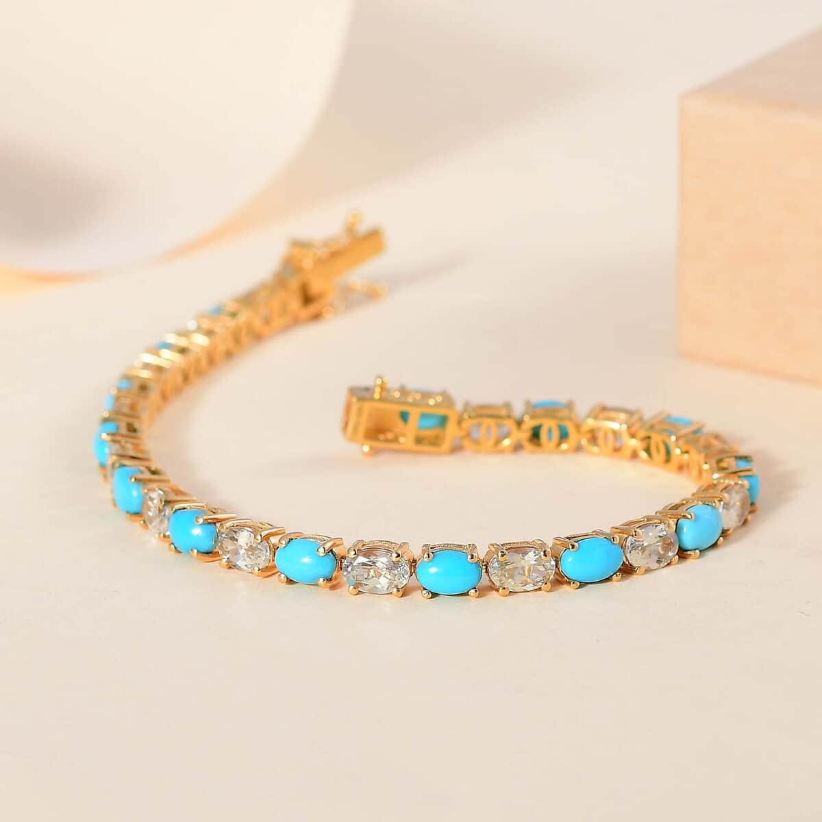 Premium Sleeping Beauty Turquoise and AAA Turkizite 13.00 ctw Tennis Bracelet in 18K Vermeil Yellow Gold Over Sterling Silver (7.25 In) image number 1