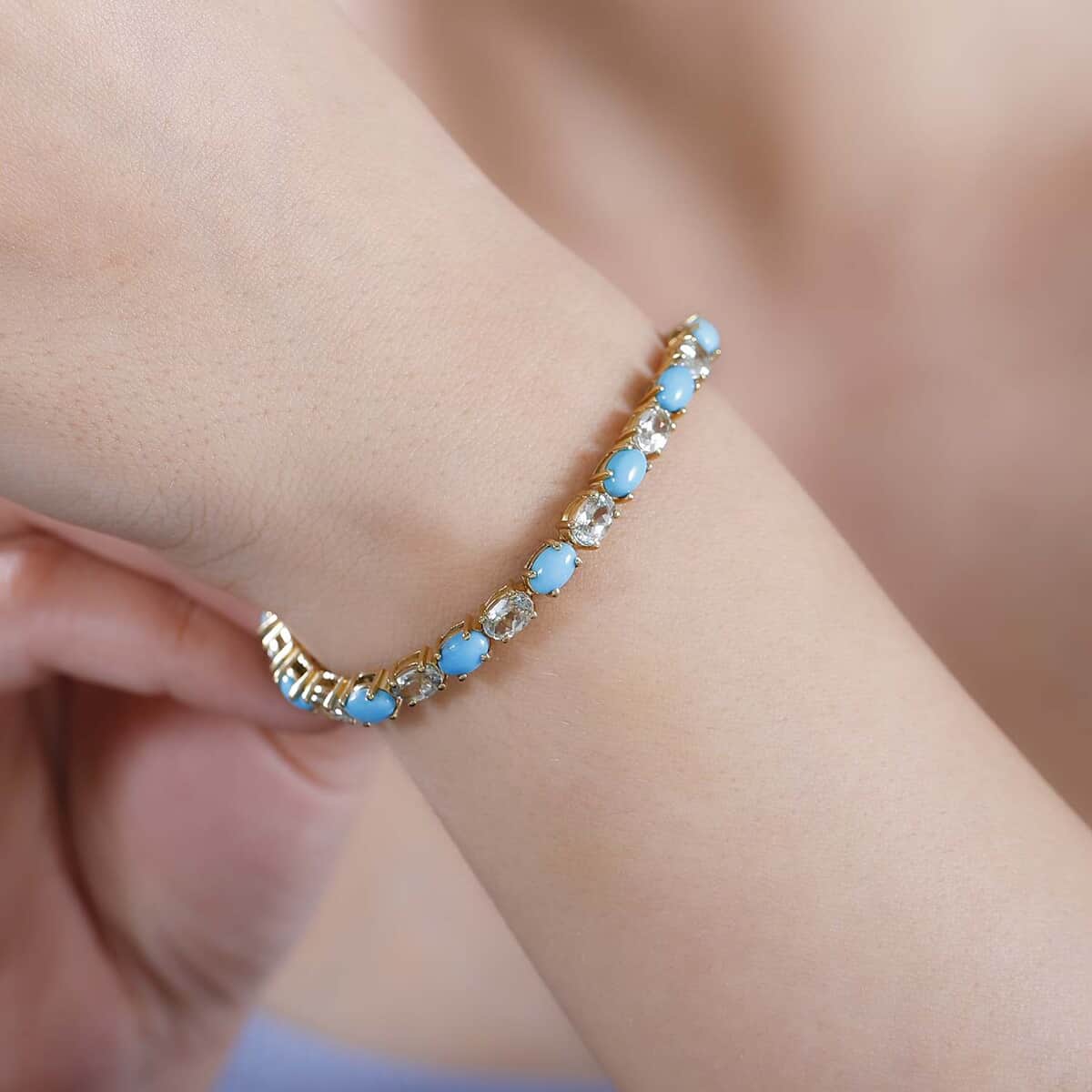 Premium Sleeping Beauty Turquoise and AAA Turkizite 13.00 ctw Tennis Bracelet in 18K Vermeil Yellow Gold Over Sterling Silver (7.25 In) image number 2