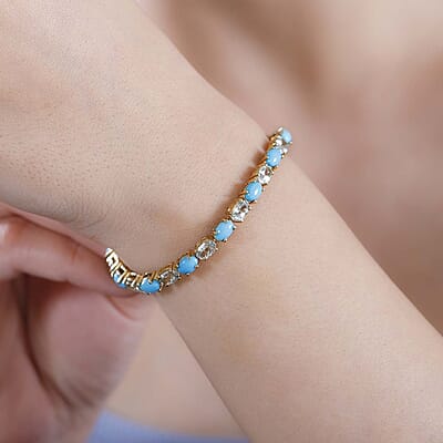 D'Joy Premium Sleeping Beauty Turquoise and AAA Turkizite 13.00 ctw Tennis Bracelet in 18K Vermeil Yellow Gold Over Sterling Silver (7.25 In)
