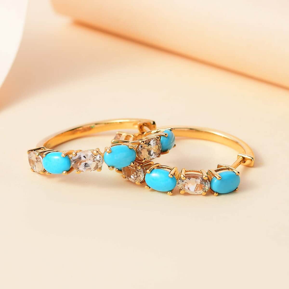 Premium Sleeping Beauty Turquoise and AAA Turkizite 5.60 ctw Hoop Earrings in 18K Vermeil Yellow Gold Over Sterling Silver image number 1