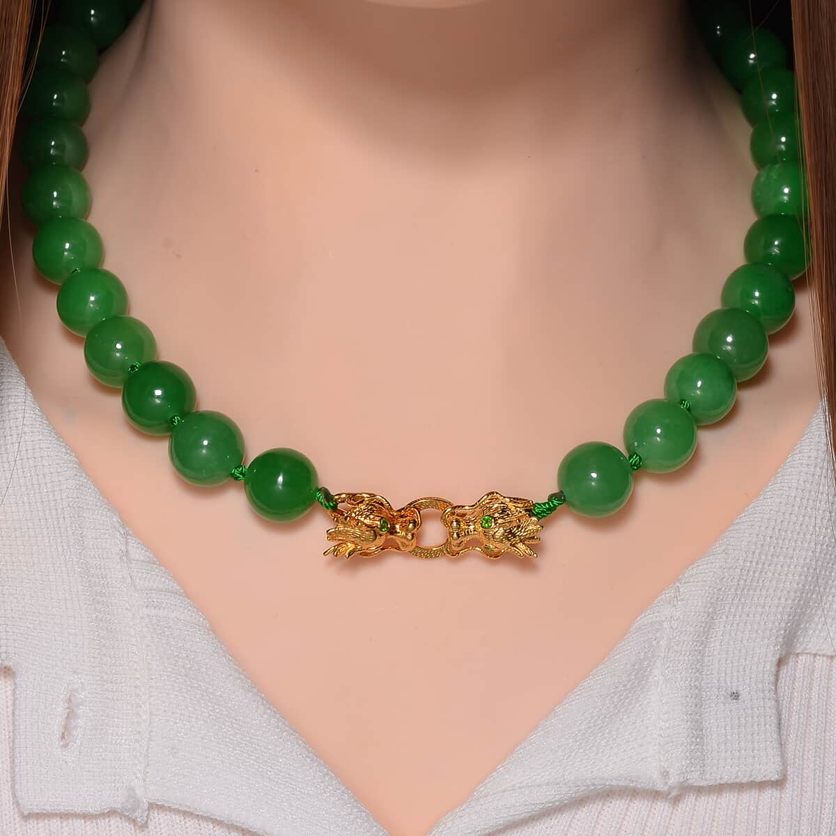 Green Jade (D) and Chrome Diopside 600.50 ctw Dragon Necklace 20 Inches in 18K Vermeil Yellow Gold Over Sterling Silver  image number 1