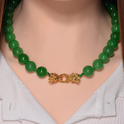 Green Jade (D) and Chrome Diopside 600.50 ctw Dragon Necklace 20 Inches in 18K Vermeil Yellow Gold Over Sterling Silver 