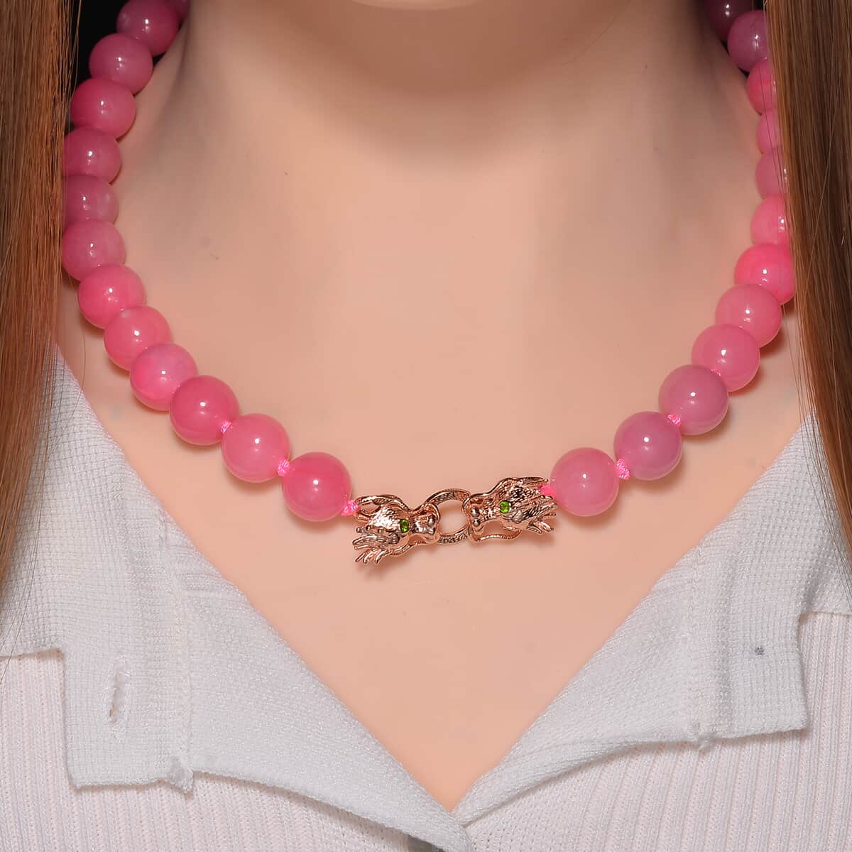 Pink Jade (D) and Chrome Diopside 600.50 ctw Dragon Necklace 20 Inches in 18K Vermeil Rose Gold Over Sterling Silver  image number 1