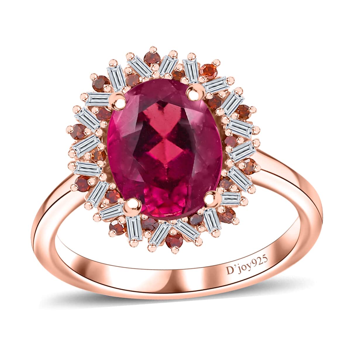 Premium Radiant Ember Garnet, Red and White Diamond 2.35 ctw Crimson Sunburst Ring in 18K Vermeil Rose Gold Over Sterling Silver (Size 5.0)  image number 0