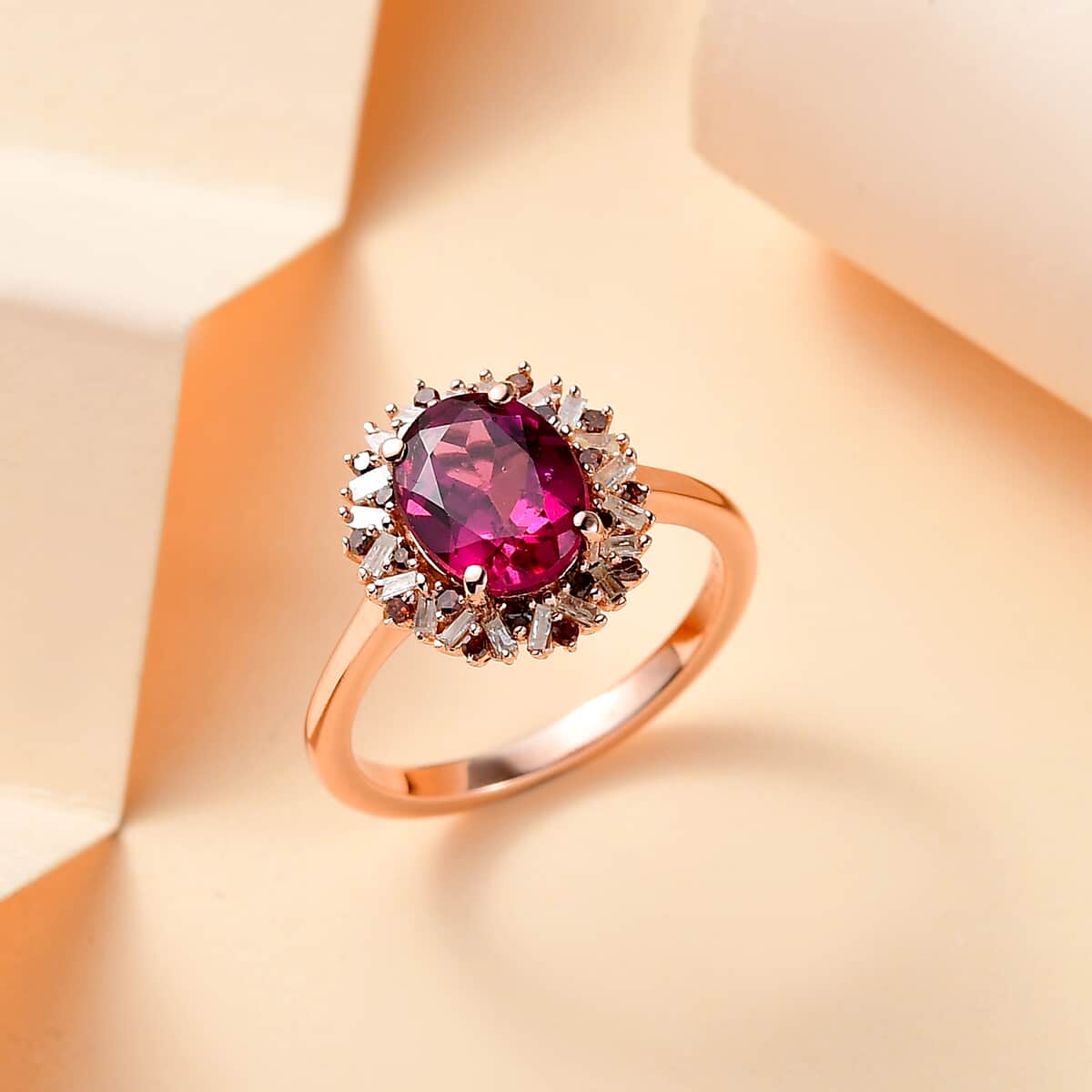 Premium Radiant Ember Garnet, Red and White Diamond 2.35 ctw Crimson Sunburst Ring in 18K Vermeil Rose Gold Over Sterling Silver (Size 5.0)  image number 1