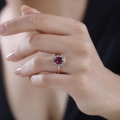 Premium Radiant Ember Garnet, Red and White Diamond 2.35 ctw Crimson Sunburst Ring in 18K Vermeil Rose Gold Over Sterling Silver (Size 5.0) 