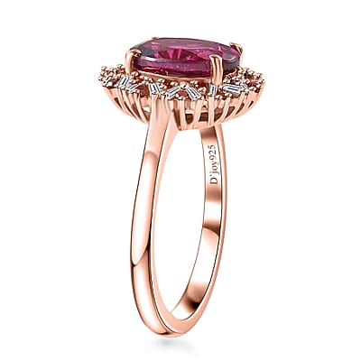 Premium Radiant Ember Garnet, Red and White Diamond 2.35 ctw Crimson Sunburst Ring in 18K Vermeil Rose Gold Over Sterling Silver (Size 5.0) 