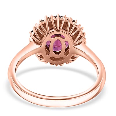 Premium Radiant Ember Garnet, Red and White Diamond 2.35 ctw Crimson Sunburst Ring in 18K Vermeil Rose Gold Over Sterling Silver (Size 5.0) 