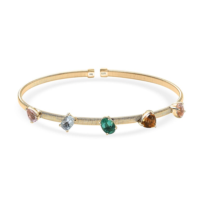 Luxoro AAA Multi Beryl Family and Emerald 2.75 ctw Cuff Bracelet in 10K Yellow Gold (7.25 In) 4.75 Grams