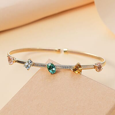 Luxoro AAA Multi Beryl Family and Emerald 2.75 ctw Cuff Bracelet in 10K Yellow Gold (7.25 In) 4.75 Grams