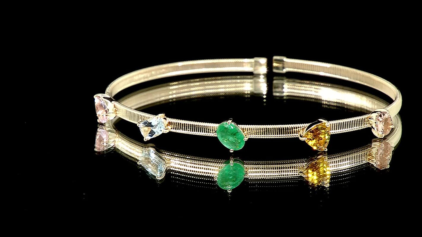 Luxoro AAA Multi Beryl Family and Emerald 2.75 ctw Cuff Bracelet in 10K Yellow Gold (7.25 In) 4.75 Grams