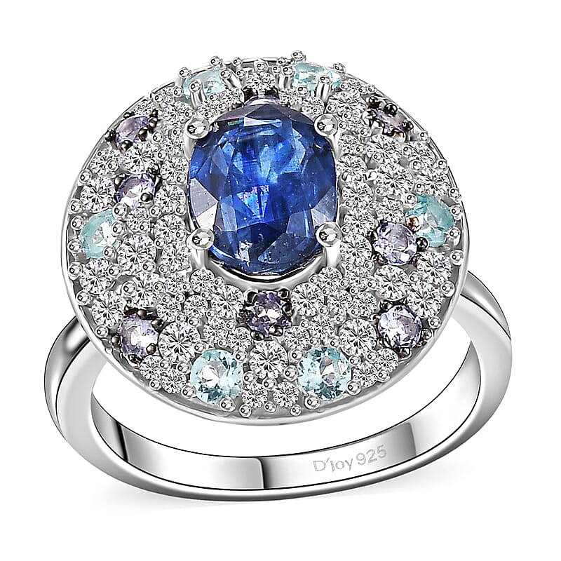 Kashmir Kyanite and Multi Gemstone 4.35 ctw Galaxy Ring in Rhodium Over Sterling Silver (Size 10.0)
