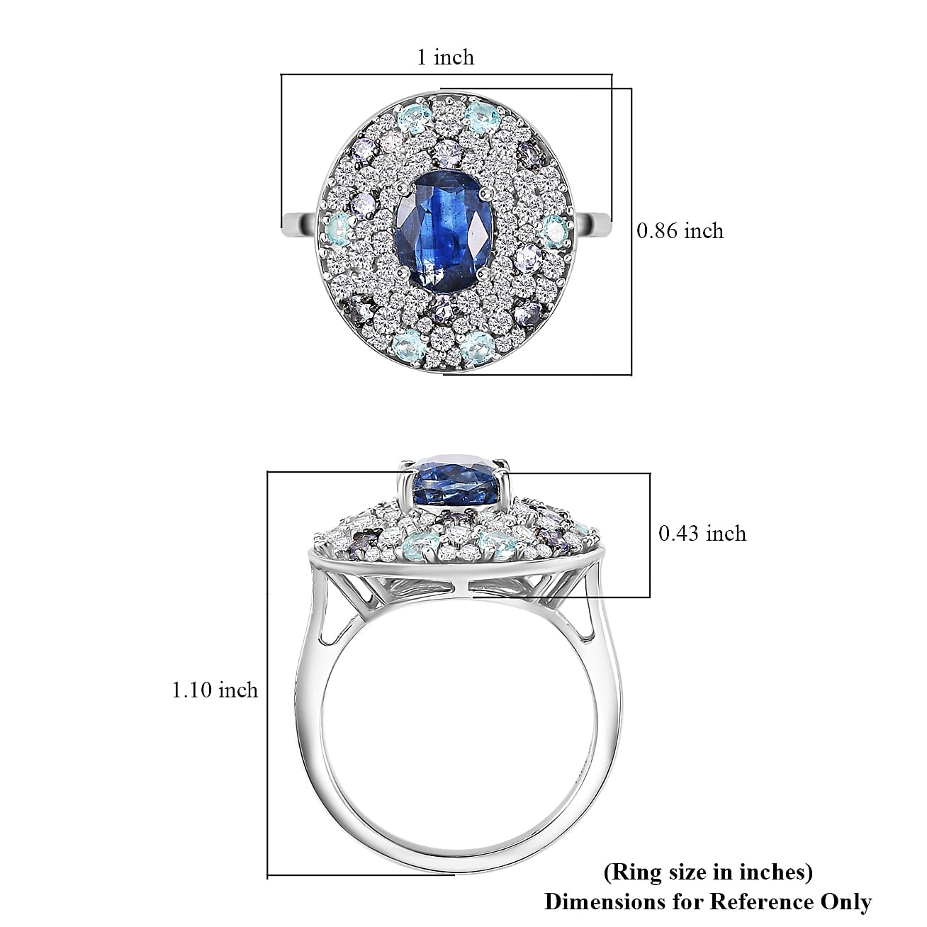 Kashmir Kyanite and Multi Gemstone 4.35 ctw Galaxy Ring in Rhodium Over Sterling Silver (Size 10.0)