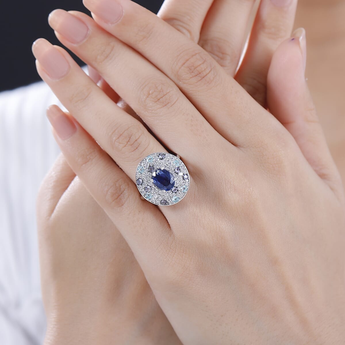 Kashmir Kyanite and Multi Gemstone 4.35 ctw Galaxy Ring in Rhodium Over Sterling Silver (Size 6.0) image number 2