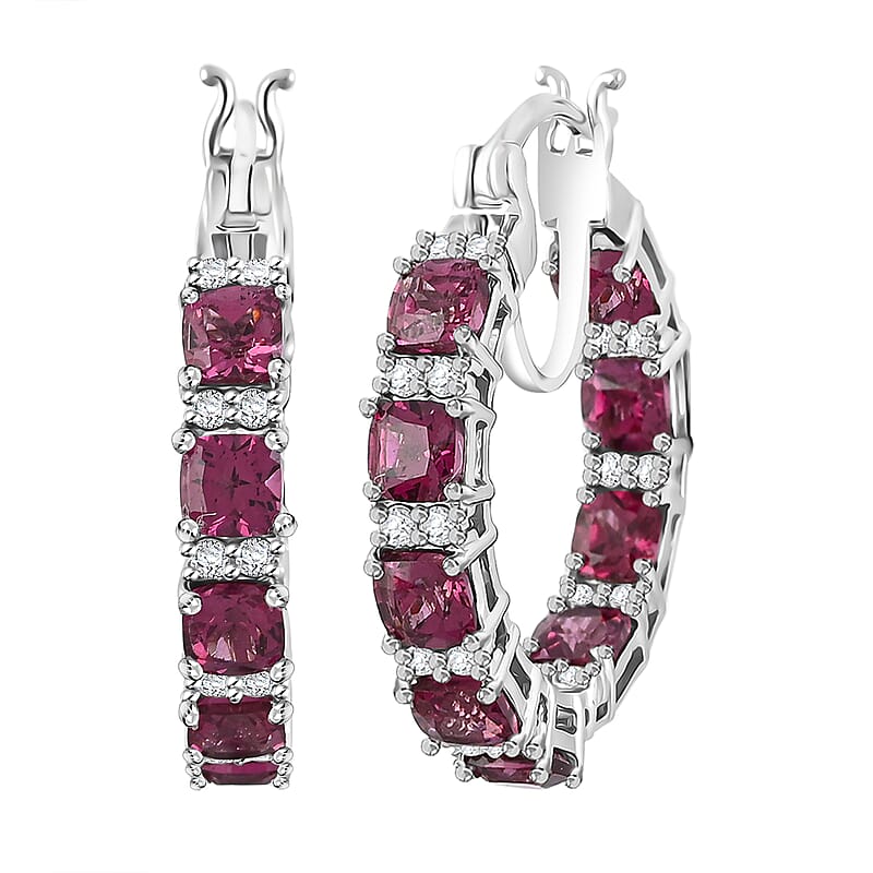 D'Joy Tanzanian Wine Garnet and White Zircon 8.85 ctw Royal Radiance Hoop Earrings in Rhodium Over Sterling Silver
