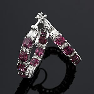 D'Joy Tanzanian Wine Garnet and White Zircon 8.85 ctw Royal Radiance Hoop Earrings in Rhodium Over Sterling Silver