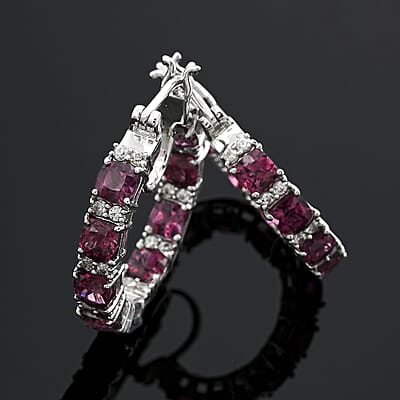 D'Joy Tanzanian Wine Garnet and White Zircon 8.85 ctw Royal Radiance Hoop Earrings in Rhodium Over Sterling Silver