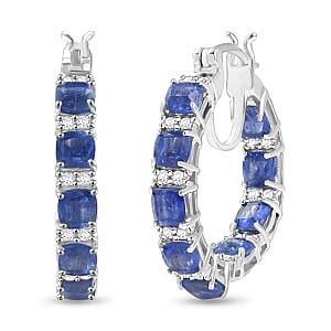 D'Joy Kashmir Kyanite and White Zircon 8.45 ctw Royal Radiance Hoop Earrings in Rhodium Over Sterling Silver 