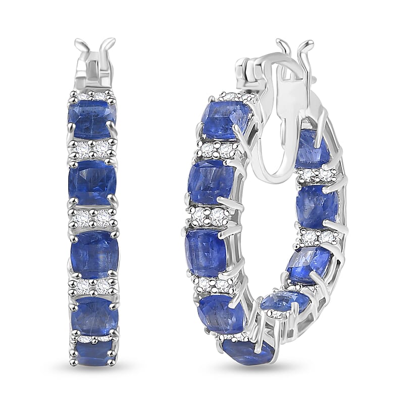 D'Joy Kashmir Kyanite and White Zircon 8.45 ctw Royal Radiance Hoop Earrings in Rhodium Over Sterling Silver