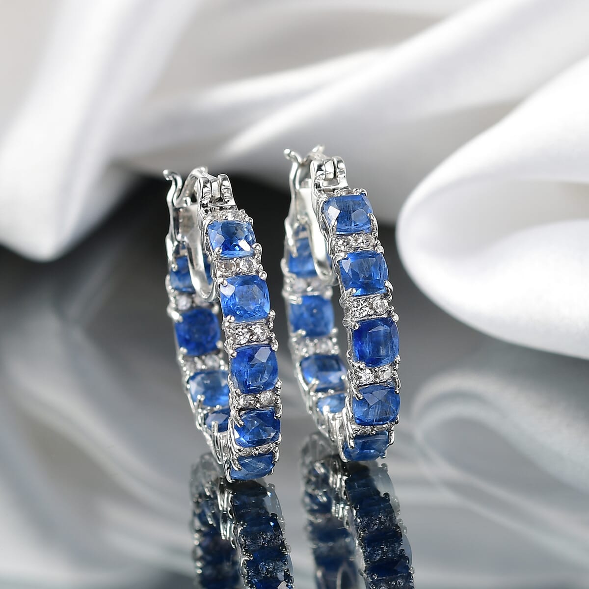 Kashmir Kyanite and White Zircon8.45 ctw Hoop Earrings in Rhodium Over Sterling Silver  image number 1