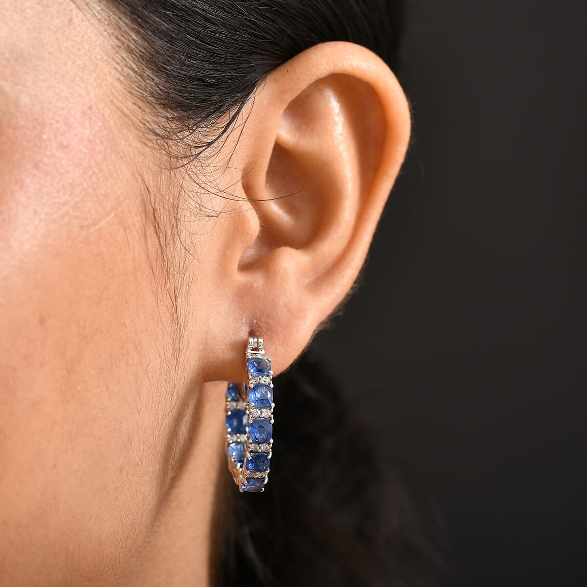 Kashmir Kyanite and White Zircon8.45 ctw Hoop Earrings in Rhodium Over Sterling Silver  image number 2