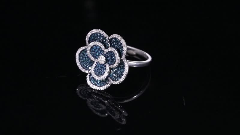 Doorbuster Blue Diamond (IR), Diamond Floral Ring in Platinum Over Sterling Silver (Size 6.0) 1.00 ctw