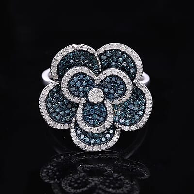 Blue and White Diamond 1.00 ctw Enchanted Bloom Ring in Platinum Over Sterling Silver (Size 6.0)