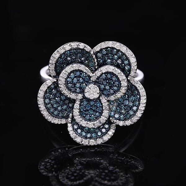 Blue and White Diamond 1.00 ctw Enchanted Bloom Ring in Platinum Over Sterling Silver (Size 6.0)