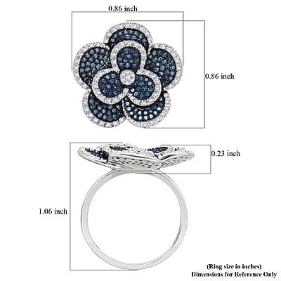 Blue and White Diamond 1.00 ctw Enchanted Bloom Ring in Platinum Over Sterling Silver (Size 6.0)