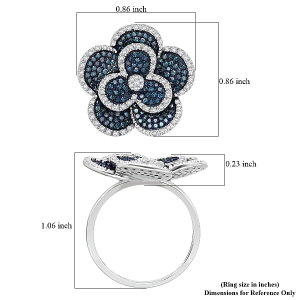 Blue and White Diamond 1.00 ctw Enchanted Bloom Ring in Platinum Over Sterling Silver (Size 6.0)