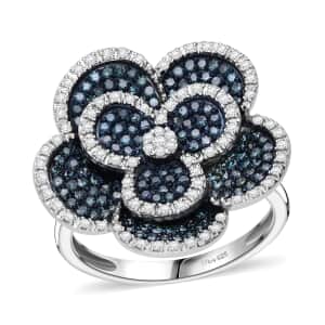 Doorbuster Blue and White Diamond 1.00 ctw Enchanted Bloom Ring in Platinum Over Sterling Silver (Size 8.0)