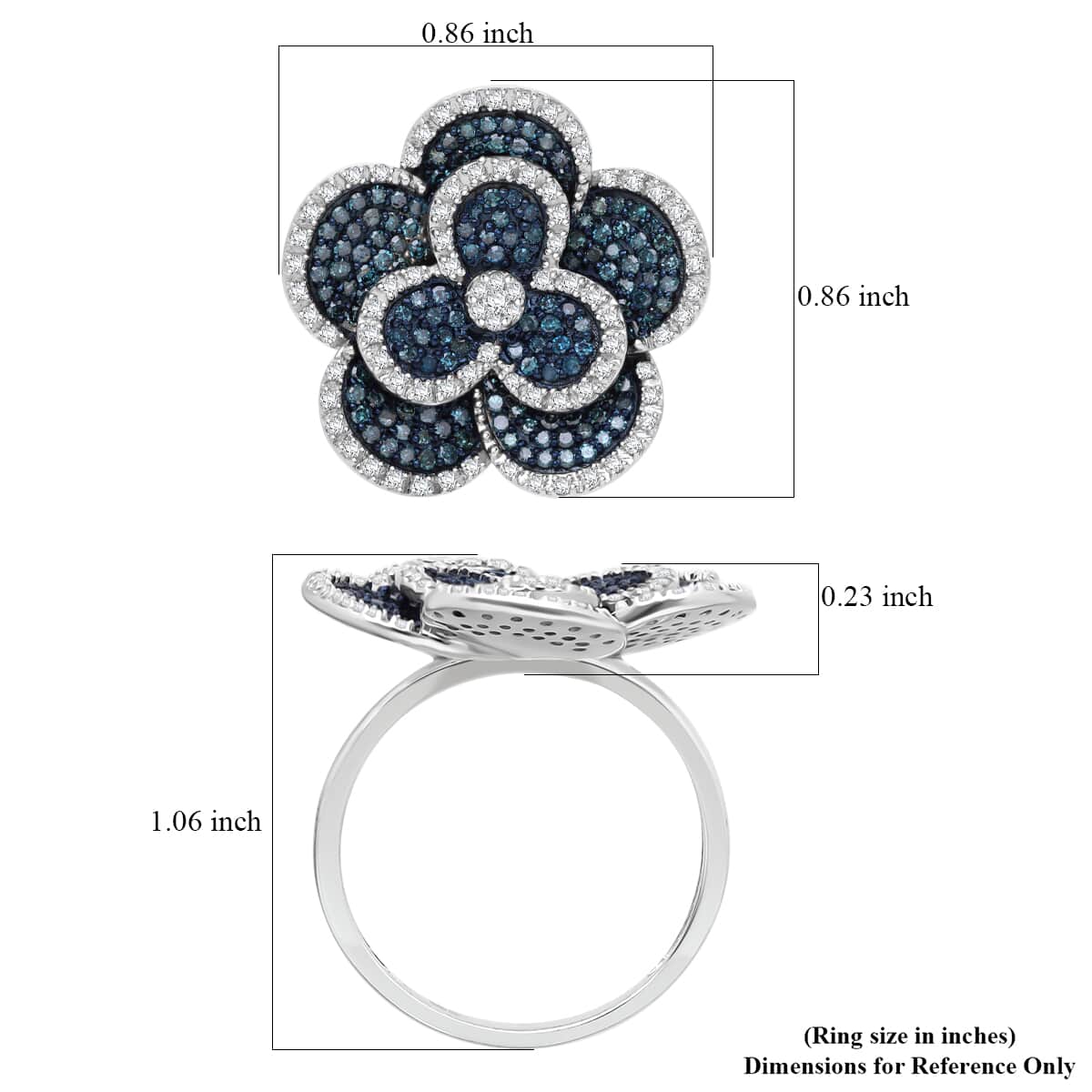 Doorbuster Blue and White Diamond 1.00 ctw Enchanted Bloom Ring in Platinum Over Sterling Silver (Size 8.0) image number 4